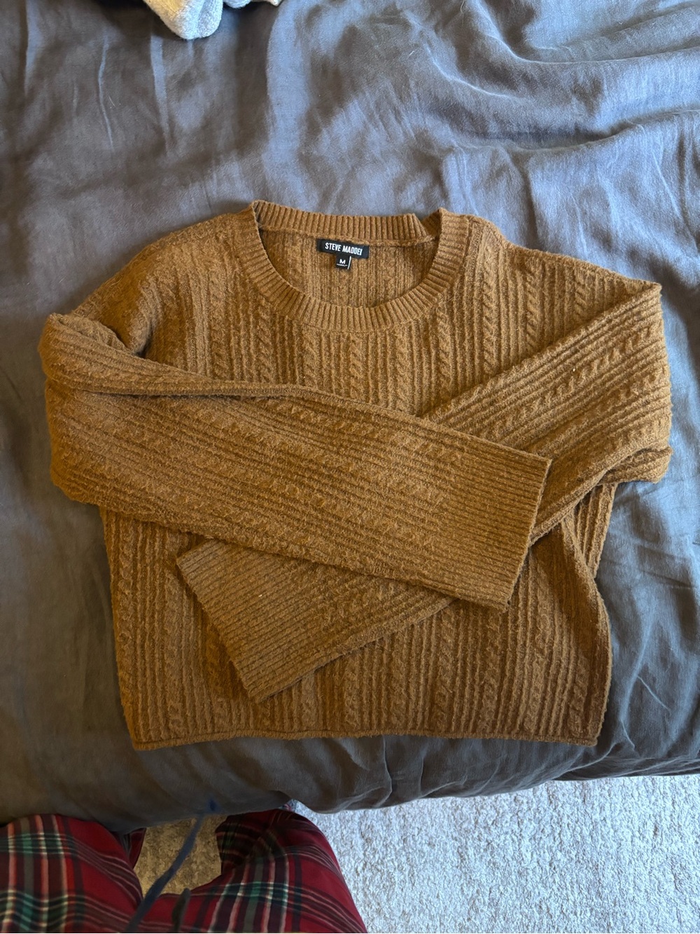 Steve Madden Men's Crewneck Cable Knit Sweater - Caramel Brown